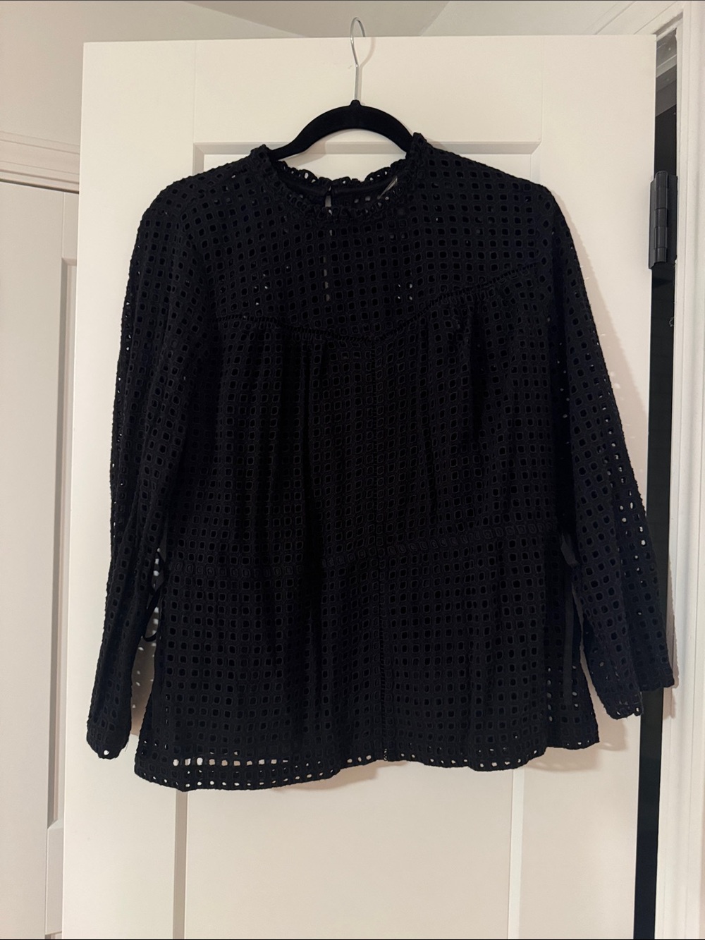 Black Eyelet Long-Sleeve Blouse with Scallop Neck